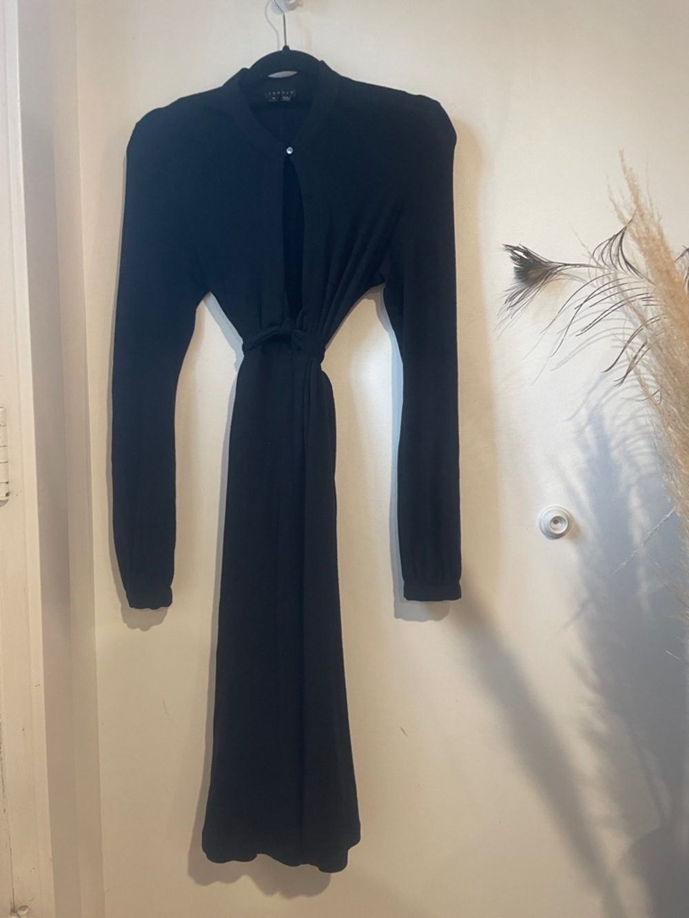 Theory Black Wool Long-Sleeve Tie-Front Midi Dress Sz M B128